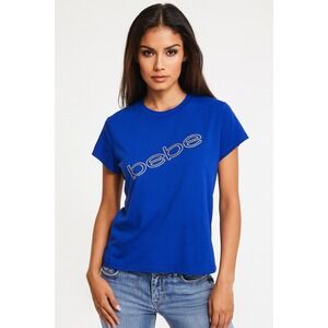 Bebe Women's Logo Graphic Tee Blue Gold Glitter Surf The Web T-Shirt XL Retro